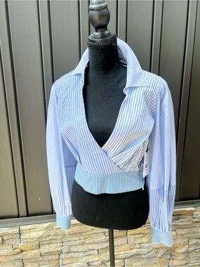 Bailey 44 Light Blue & White Striped Wrap Crop Button-Up